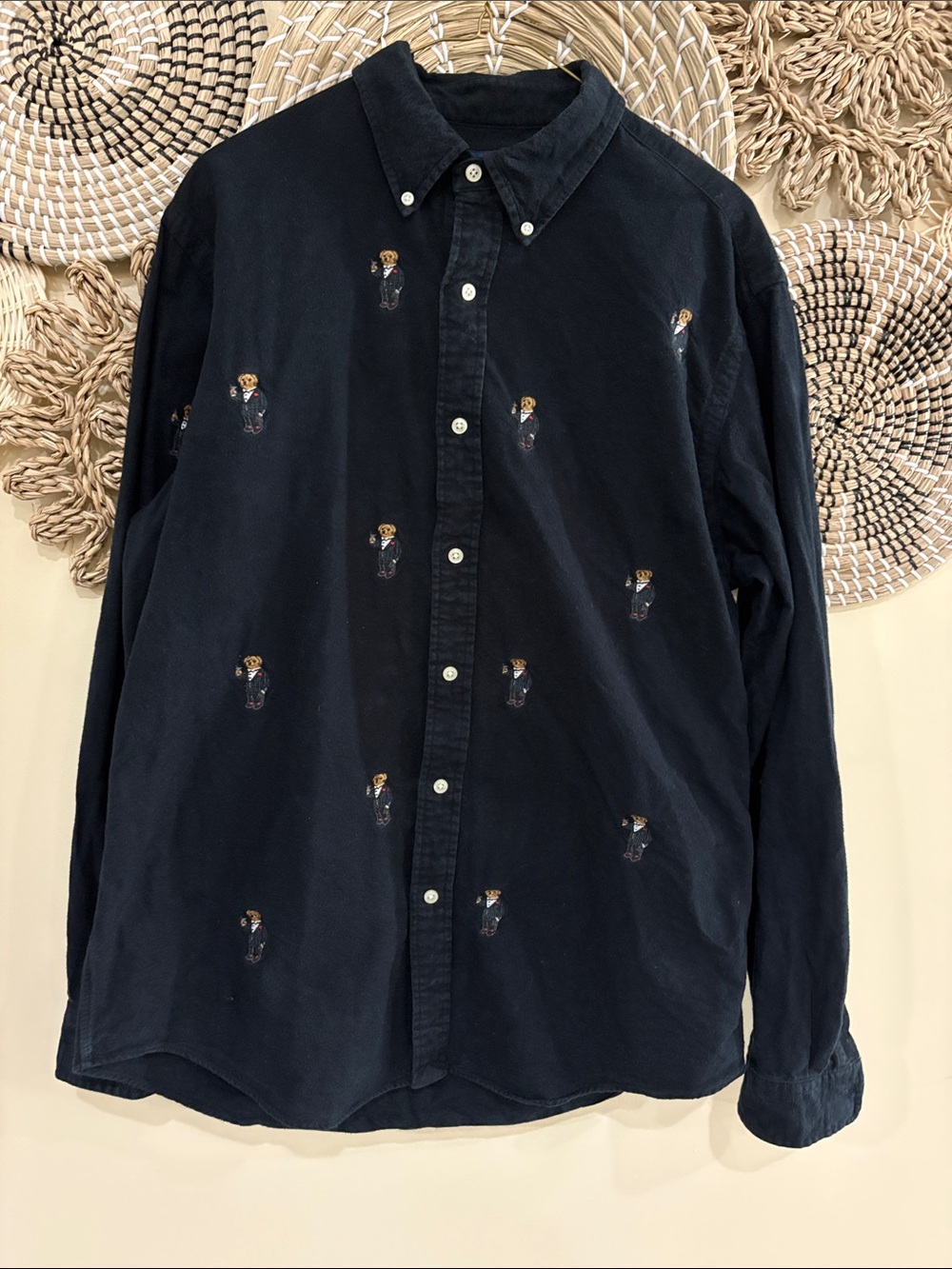 Polo Ralph Lauren Shirt Men L Large Navy Blue All Over Embroidered Bear